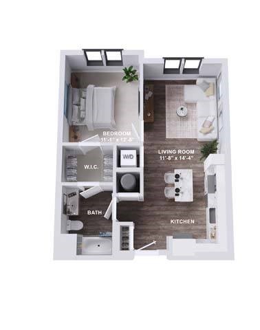 Floor plan for 1 bed, 1 bath, 711 sqft