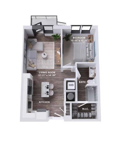 Floor plan for 1 bed, 1 bath, 711 sqft