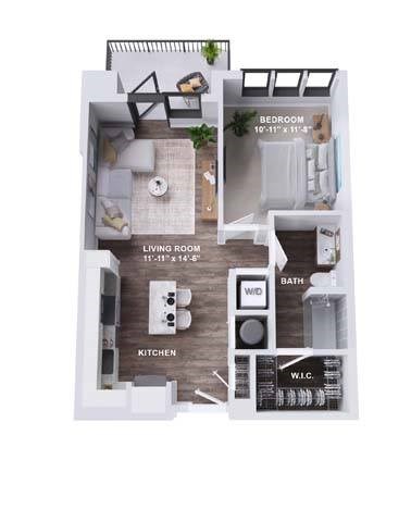 Floor plan for 1 bed, 1 bath, 722 sqft