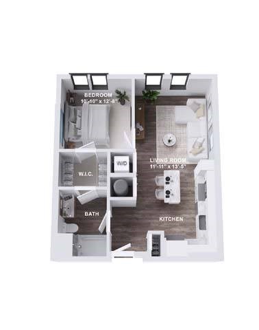 Floor plan for 1 bed, 1 bath, 729 sqft