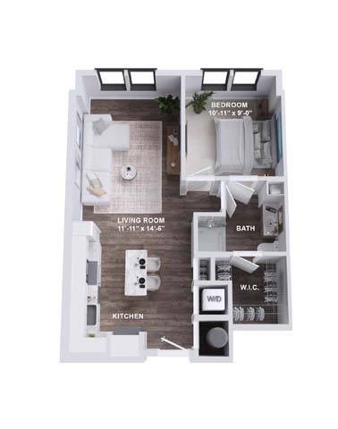 Floor plan for 1 bed, 1 bath, 736 sqft