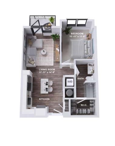 Floor plan for 1 bed, 1 bath, 739 sqft