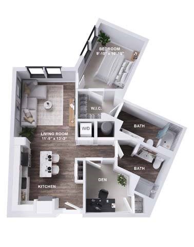Floor plan for 1 bed, 2 baths, 883 sqft