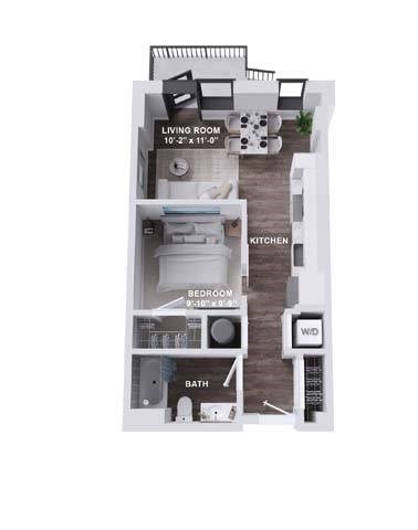 Floor plan for 1 bed, 1 bath, 571 sqft