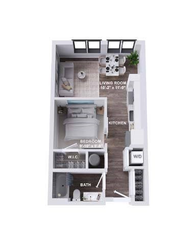Floor plan for 1 bed, 1 bath, 573 sqft