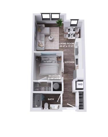Floor plan for 1 bed, 1 bath, 596 sqft