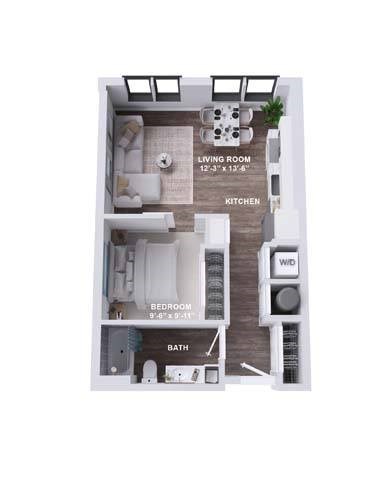 Floor plan for 1 bed, 1 bath, 606 sqft