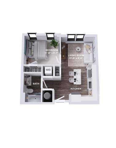 Floor plan for 1 bed, 1 bath, 527 sqft