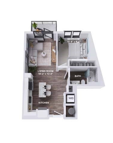 Floor plan for 1 bed, 1 bath, 615 sqft