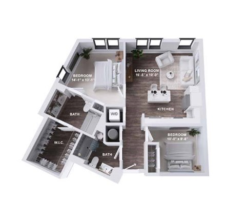 Floor plan for 2 beds, 2 baths, 946 sqft