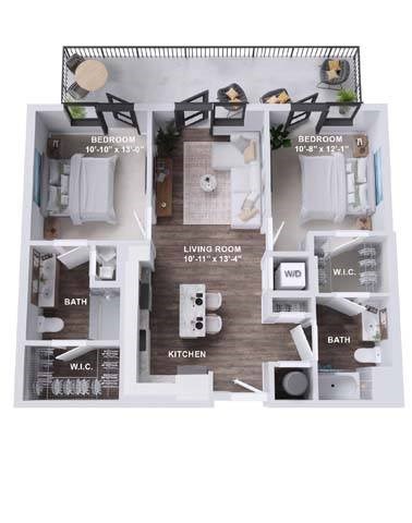 Floor plan for 2 beds, 2 baths, 966 sqft