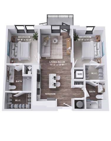 Floor plan for 2 beds, 2 baths, 967 sqft