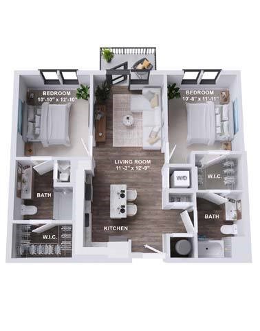 Floor plan for 2 beds, 2 baths, 977 sqft