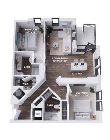 Floor plan for 2 beds, 2 baths, 990 sqft