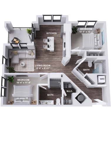 Floor plan for 2 beds, 2 baths, 1002 sqft