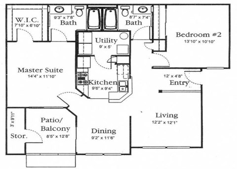 Floor plan for 2 beds, 2 baths, 1064 sqft