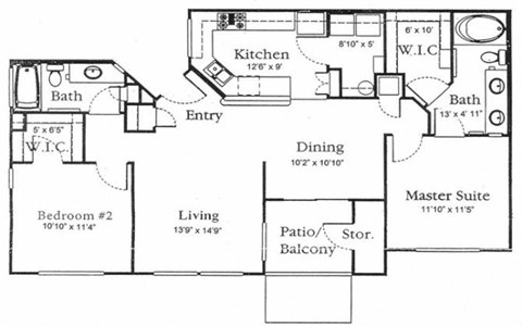 Floor plan for 2 beds, 2 baths, 1058 sqft