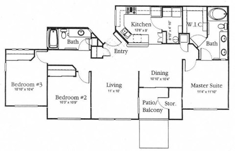 Floor plan for 3 beds, 2 baths, 1200 sqft