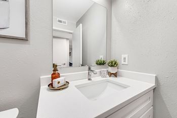 A bathroom with a sink and a mirror