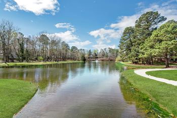 A serene lake surrounded by trees and a clear sky