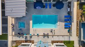 San Bernardino multi-family for rent - arial view of the pool and poolside patio at Loma Villas Apartments, San Bernardino