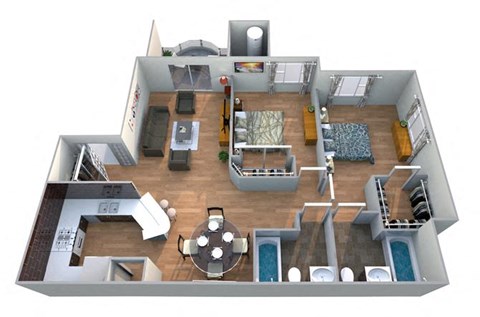 Floor plan for 2 beds, 2 baths, 1022 sqft