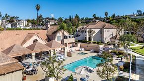 Diamond Bar apartment for rent - Aerial view showing apartment roof and pool at Whispering Fountains Diamond Bar, Diamond Bar, CA