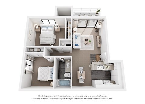 Floor plan for 2 beds, 1 bath, 738 sqft