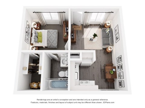 Floor plan for 1 bed, 1 bath, 490 sqft
