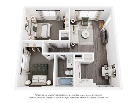 Floor plan for 2 beds, 1 bath, 870 sqft
