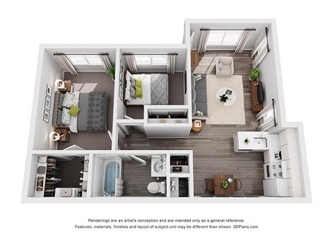 Floor plan for 2 beds, 1 bath, 670 sqft