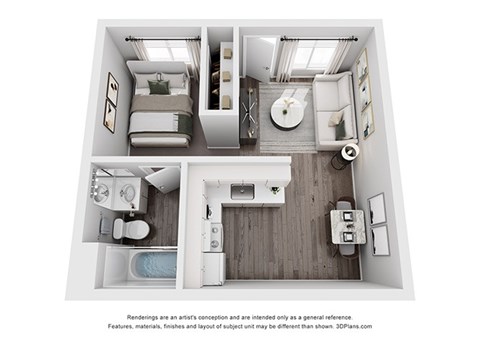 Floor plan for 1 bed, 1 bath, 400 sqft