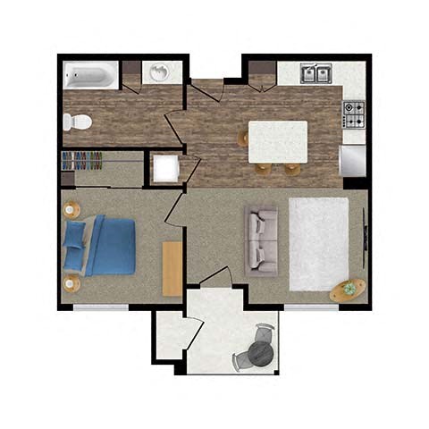 Floor plan for 1 bed, 1 bath, 643 sqft