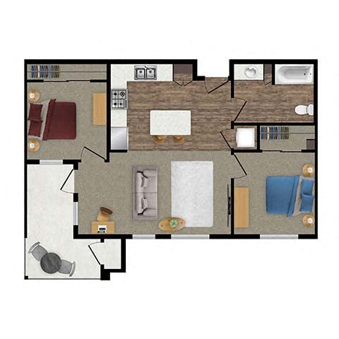 Floor plan for 2 beds, 1 bath, 822 sqft