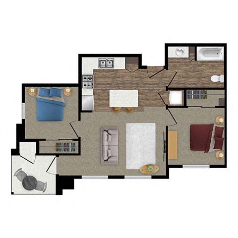 Floor plan for 2 beds, 1 bath, 779 sqft