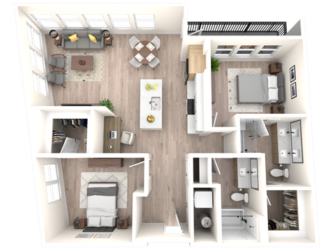 Floor plan for 2 beds, 2 baths, 1233 sqft