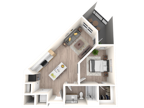 Floor plan for 1 bed, 1 bath, 652 sqft