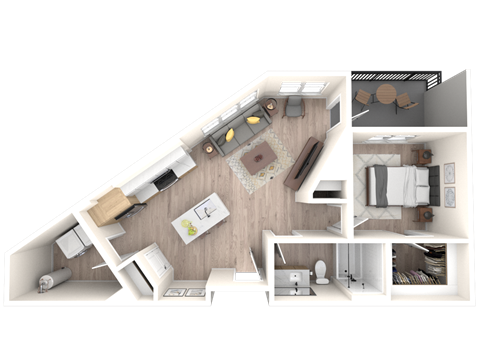 Floor plan for 1 bed, 1 bath, 730 sqft