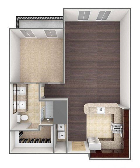 Floor plan for 1 bed, 1 bath, 806 sqft