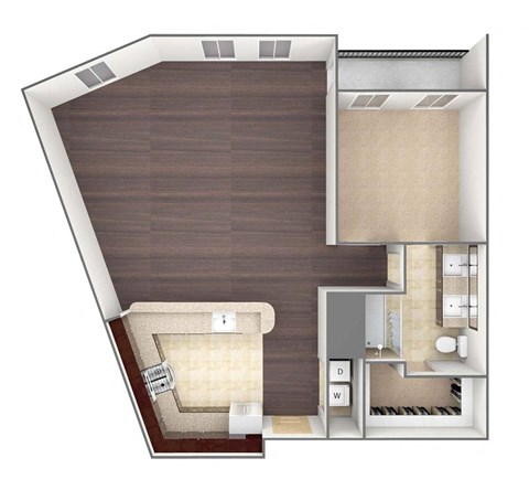 Floor plan for 1 bed, 1 bath, 973 sqft