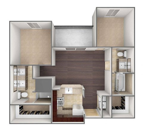 Floor plan for 2 beds, 2 baths, 969 sqft