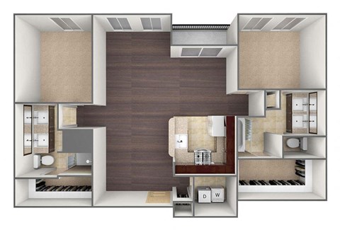 Floor plan for 2 beds, 2 baths, 1370 sqft