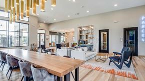 Centennial apartment for rent - Contemporary apartment clubhouse with oversized communal table, lounge seating, coffee station, and modern pendant lighting in an open-concept space.