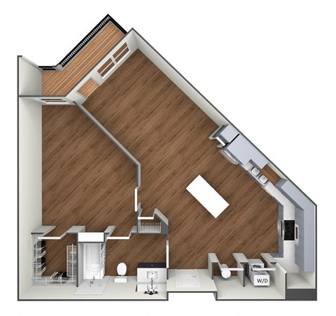 Floor plan for 1 bed, 1 bath, 733 sqft