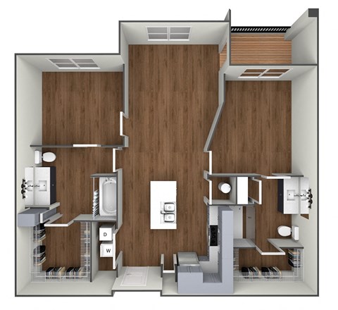 Floor plan for 2 beds, 2 baths, 958 sqft