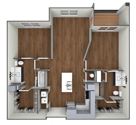 Floor plan for 2 beds, 2 baths, 958 sqft