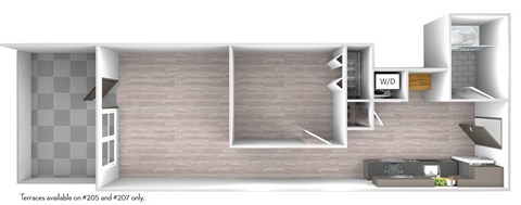 Floor plan for 1 bed, 1 bath, 629 sqft