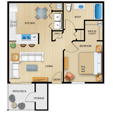 Floor plan for 1 bed, 1 bath, 672 sqft
