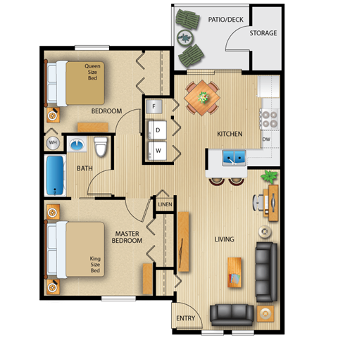 Floor plan for 2 beds, 1 bath, 839 sqft