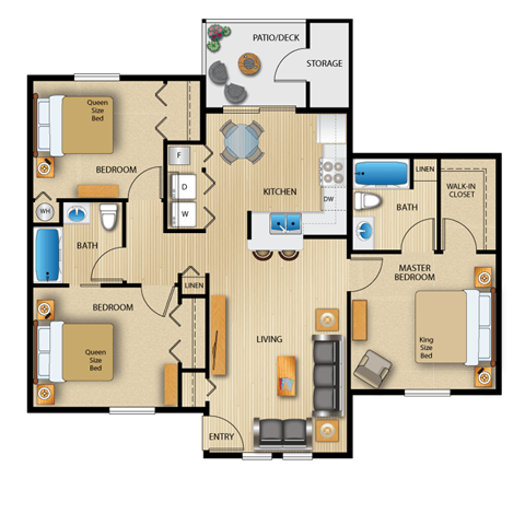 Floor plan for 3 beds, 2 baths, 1112 sqft